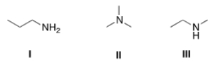 <strong>Arrange the following compounds in order of increasing boiling point, putting the compound with the least boiling point first. </strong> A) I < II < III B) II < I < III C) I < III < II D) II < III < I