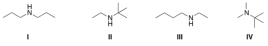 <strong>A compound with molecular formula C<sub>6</sub>H<sub>15</sub>N exhibits a singlet at <font face=symbol></font> 0.9 (1H), a triplet at <font face=symbol></font> 1.10 (3H), a singlet at <font face=symbol></font> 1.15 (9H), and a quartet at <font face=symbol></font> 2.6 (2H) in its <sup>1</sup>HNMR spectrum. Its IR spectrum shows one medium absorption band near 3400 cm<sup>-1</sup>. What is the structure of this compound? </strong> A) I B) II C) III D) IV
