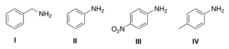 <strong>Rank the following compounds in order of increasing basicity, putting the least basic compound first. </strong> A) III < II < IV < I B) II < III < IV < I C) I < IV < II < III D) III < I < II < IV