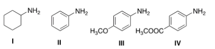 <strong>Rank the following compounds in order of decreasing basicity, putting the most basic compound first. </strong> A) II > I > III > IV B) I > II > III > IV C) I > III > II > IV D) IV > II > III > I