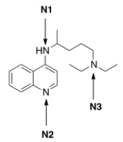 <strong>Rank the nitrogen atoms in chloroquine, shown below, in order of decreasing basicity, putting the most basic nitrogen atom first. </strong> A) N1 > N2 > N3 B) N2 > N1 > N3 C) N3 > N2 > N1 D) N3 > N1 > N2