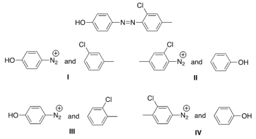 <strong>What starting materials are required to synthesize the following azo compound? </strong> A) I B) II C) III D) IV