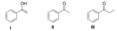 <strong>Which is the more stable form of acetophenone? </strong> A) Only I B) Only II C) Only III D) I and II are equally stable