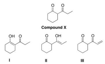 <strong>Which of the following compounds is an enol of compound X drawn below? </strong> A) Only I B) Only II C) Only III D) Only I and II