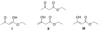 <strong>Which of the following are enol forms of ethyl acetoacetate drawn below? </strong> A) Only I B) Only II C) Only III D) I, II, and III