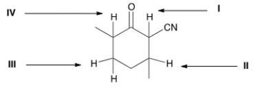 <strong>Which is the most acidic proton in the following compound? </strong> A) I B) II C) III D) IV