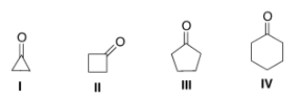 <strong>Which of the following will have the highest wave number for the carbonyl stretch in the IR spectrum? </strong> A) I B) II C) III D) IV