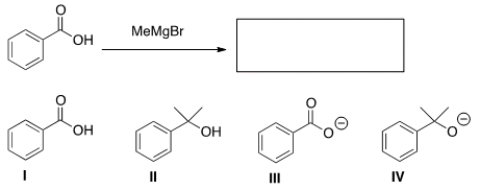 <strong>What will be the product of the following reaction (before any aqueous work-up)? </strong> A) I B) II C) III D) IV