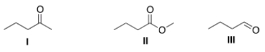 <strong>Rank the following compounds in order of increasing reactivity toward the nucleophilic hydride reagent, NaBH<sub>4</sub>. </strong> A) I < II < III B) III < II < I C) II < III < I D) II < I < III