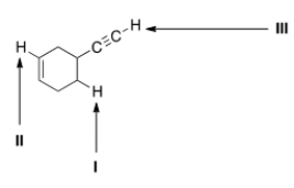 <strong>Consider the following molecule with protons labeled, I-III. Rank these protons in order of decreasing acidity, putting the most acidic first. </strong> A) I > II > III B) I > III > II C) III > II > I D) III > I > II