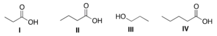 <strong>Arrange the following compounds in order of decreasing water solubility, putting the most soluble compound first. </strong> A) I > II > III > IV B) I > IV > II > III C) I > II > IV > III D) IV > III > II > I