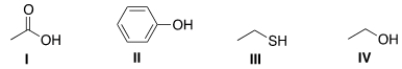 <strong>Arrange the following compounds in order of increasing acidity, putting the least acidic first. </strong> A) I < II < III < IV B) IV < III < II < I C) III < IV < II < I D) IV < II < III < I