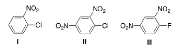 <strong>Rank the following compounds in order of increasing reactivity in nucleophilic aromatic substitution. </strong> A) III < II < I B) I < II < III C) III < I < II D) I < III < II