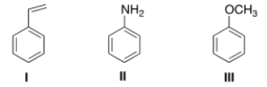 <strong>What is the correct assignment of the names of the following substituted benzenes? </strong> A) I = Styrene; II = aniline; III = anisole. B) I = Toluene; II = anisole; III = styrene. C) I = Styrene; II = anisole; III = phenol. D) I = Toluene; II = aniline; III = anisole.