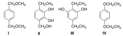 <strong>What is the structure of a compound of molecular formula C<sub>10</sub>H<sub>14</sub>O<sub>2</sub> that shows a strong IR absorption at 3150 <font face=symbol></font> 2850 cm<sup>-1</sup> and gives the following <sup>1</sup>H NMR absorptions: 1.4 (triplet, 6H); 4.0 (quartet, 4H); and 6.8 (singlet, 4H) ppm. </strong> A) I B) II C) III D) IV