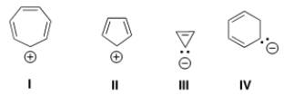<strong>Which of the following ions is aromatic? </strong> A) I B) II C) III D) IV