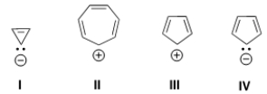 <strong>Which of the following ions is aromatic? </strong> A) Only I and II B) Only II and III C) Only III and IV D) Only II and IV