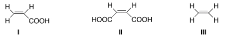 <strong>Rank the following dienophile in order of increasing reactivity in a Diels-Alder reaction, listing the least reactive first. </strong> A) I < II < III B) III < I < II C) II < I < III D) III < II < I