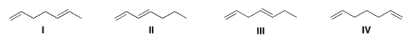 <strong>Which of the following compound absorbs UV light at the longest wavelength? </strong> A) I B) II C) III D) IV