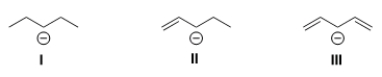 <strong>Rank the following anions from most to least stable, listing the most stable first. </strong> A) I > II > III B) III > II > I C) I > III > II D) III > I > II