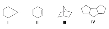 <strong>Which of the following is an example of a bridged bicyclic system? </strong> A) I B) II C) III D) IV