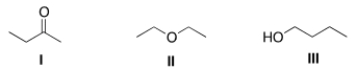 <strong>Consider the three organic compounds drawn below. Which of the following statements is (are) true about the IR spectra of I, II, and III? </strong> A) I shows strong absorptions at 2950 cm<sup>-1</sup> and 1700 cm<sup>-1</sup>. B) II shows strong absorptions at 2950 cm<sup>-1</sup> and 2250 cm<sup>-1</sup>. C) III shows strong absorptions at 2950 cm<sup>-1</sup> and 3200-3600 cm<sup>-1</sup>. D) Statements (I shows strong absorptions at 2950 cm<sup>-1</sup> and 1700 cm<sup>-1</sup>) and (III shows strong absorptions at 2950 cm<sup>-1</sup> and 3200-3600 cm<sup>-1</sup>) are true.