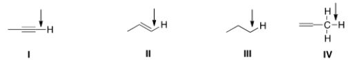 <strong>In an IR spectrum, which of the indicated C-H bonds exhibits a stretching absorption at the largest wave number? </strong> A) I B) II C) III D) IV