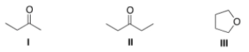 <strong>A compound X shows a molecular ion peak at m/z 72 in its mass spectrum, and a strong peak at ~1715 cm<sup>-1 </sup>in its IR spectrum. Which structures are possible for compound X? </strong> A) I B) II C) III D) I and II