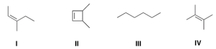 <strong>Which of the following structures is consistent with a compound that displays a molecular ion peak at 84 and infrared signals at 3000-2850 cm<sup>-1</sup> and no signals between 3000-3300 cm<sup>-1</sup>? </strong> A) I B) II C) III D) IV