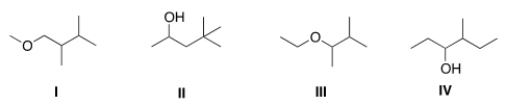 <strong>The base peak in a mass spectrum corresponds to the most stable fragment. Propose a structure for a compound that is consistent with the following data. (a) The molecular ion peak has m/z = 116 (b) The base peak is at m/z = 59. (c) The compound is composed of C, H and O atoms. (d) The IR spectrum shows a strong absorbance at 3257 cm<sup>-1</sup>. </strong> A) I B) II C) III D) IV