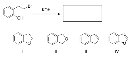 <strong>When the phenol shown below is treated with KOH, it forms a product whose IR spectrum does not show an absorption in the 3200-3600 cm<sup>-1</sup> region. Propose a structure for the product. </strong> A) I B) II C) III D) IV