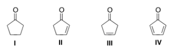 <strong>Which of the following compounds will have the lowest wavenumber for carbonyl absorption? </strong> A) I B) II C) III D) IV
