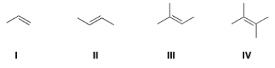 <strong>Rank the following alkenes in order of increasing rate of hydrogenation. </strong> A) I < III < IV < II B) IV < III < II < I C) I < II < III < IV D) IV < II < III < I