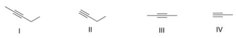 <strong>Which of the following represents a terminal alkyne? </strong> A) Only I and II B) Only II and III C) Only I and III D) Only II and IV