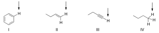 <strong>Which of the indicated hydrogen in the following compounds is the least acidic? </strong> A) I B) II C) III D) IV