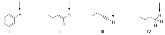 <strong>Which of the indicated hydrogen in the following compounds is the most acidic? </strong> A) I B) II C) III D) IV