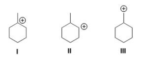 <strong>Rank the carbocation in order of increasing stability, putting the least stable first. </strong> A) III < I < II B) III < II < I C) I < II < III D) I < III < II