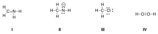 <strong>Which of the following Lewis structures is correct? </strong> A) I, II B) I, III C) II, III D) III, IV