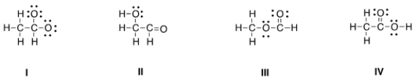 <strong>Which is the correct Lewis structure for acetic acid (CH<sub>3</sub>CO<sub>2</sub>H)? </strong> A) I B) II C) III D) IV