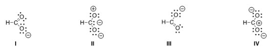 <strong>Which of the following resonance structures is the least important contributor to the resonance hybrid of the formate anion, HCOO<sup>-</sup>? </strong> A) I B) II C) III D) IV