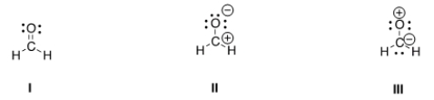 <strong>Rank the following in order of decreasing importance as contributing structures to the resonance hybrid of formaldehyde, H<sub>2</sub>CO. </strong> A) I > II > III B) I > III > II C) II > I > III D) III > II > I