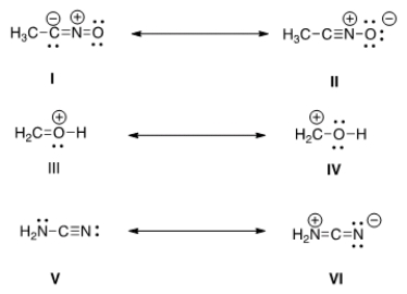 <strong>Which is more important in each pair of contributing resonance structures? </strong> A) II, IV, V B) II, III, V C) II, III, VI D) I, IV, V