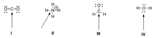 <strong>Determine the electron geometry around the indicated atom in each species. </strong> A) I = Linear; II = tetrahedral; III = trigonal planar; IV = tetrahedral B) I = Linear; II = tetrahedral; III = trigonal planar; IV = linear C) I = Trigonal planar; II = linear; III = tetrahedral; IV = trigonal planar D) I = Tetrahedral; II = trigonal planar; III = linear; IV = tetrahedral