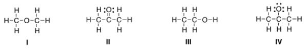 <strong>Which of the following is the appropriate conversion of the condensed structure, CH<sub>3</sub>COCH<sub>3</sub>, to a Lewis structure? </strong> A) I B) II C) III D) IV