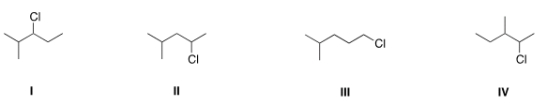 <strong>Which of the following is the appropriate conversion of (CH<sub>3</sub>)<sub>2</sub>CHCH<sub>2</sub>CHClCH<sub>3</sub> to a skeletal structure? </strong> A) I B) II C) III D) IV