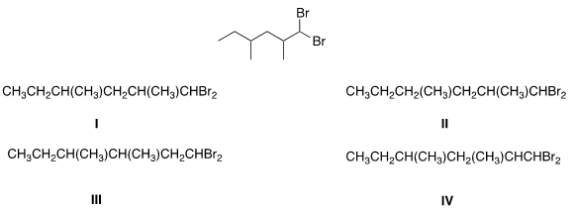 <strong>What is the condensed formula of the compound below? </strong> A) I B) II C) III D) IV