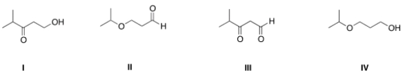 <strong>Which of the following is the appropriate conversion of (CH<sub>3</sub>)<sub>2</sub>CHOCH<sub>2</sub>CH<sub>2</sub>CH<sub>2</sub>OH to a skeletal structure? </strong> A) I B) II C) III D) IV