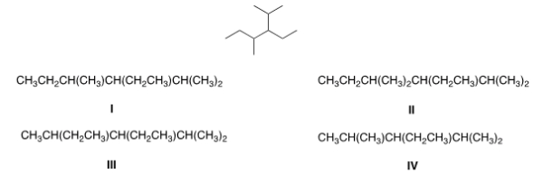 <strong>Convert the following skeletal structure to a condensed structure. </strong> A) I B) II C) III D) IV