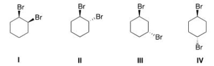 <strong>Which of the following molecules are chiral? </strong> A)II, III B)I, II C)I, IV D)III, IV