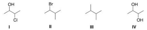 <strong>Which of the following compounds can have a meso stereoisomer? </strong> A)I B)II C)III D)IV